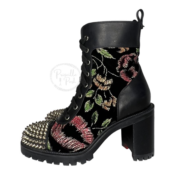 Christian Louboutin Croc Floral Studded Hiking Ankle Boots Black Spike Studded - Picture 12 of 15